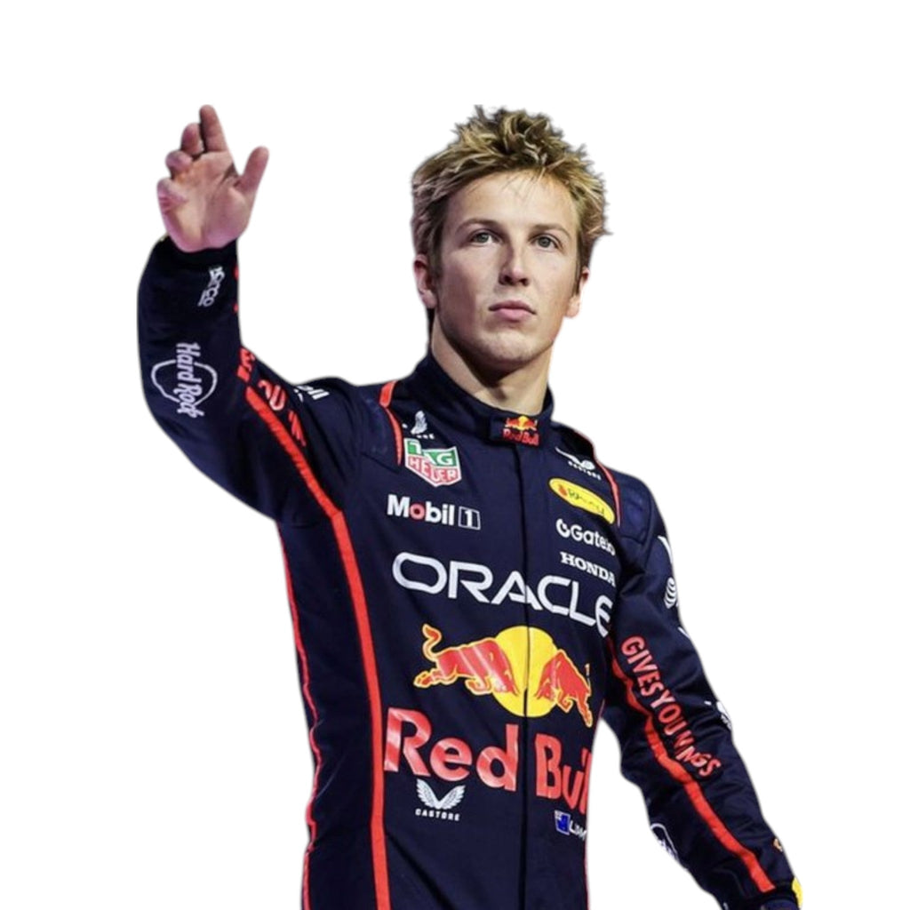 Liam Lawson 2025 Red Bull F1 race suit in navy blue with Red Bull and sponsor branding