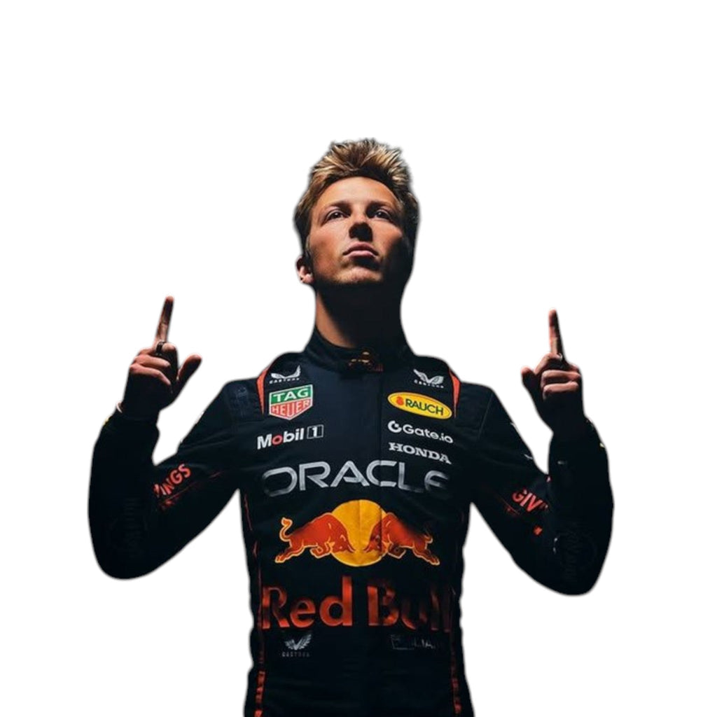 Liam Lawson 2025 Red Bull F1 race suit in navy blue with Red Bull and sponsor branding