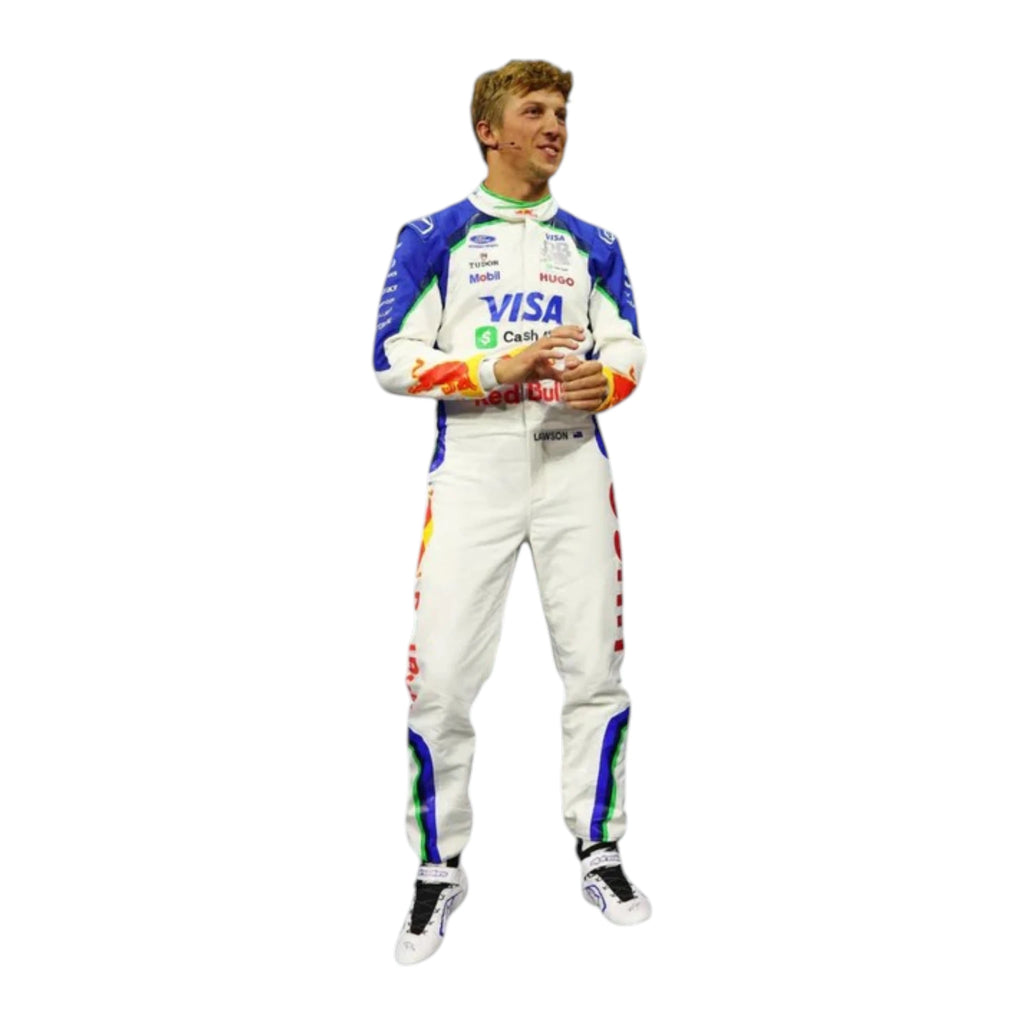 Liam Lawson 2026 Racing Bulls F1 race suit in white and navy blue with sponsor logos
