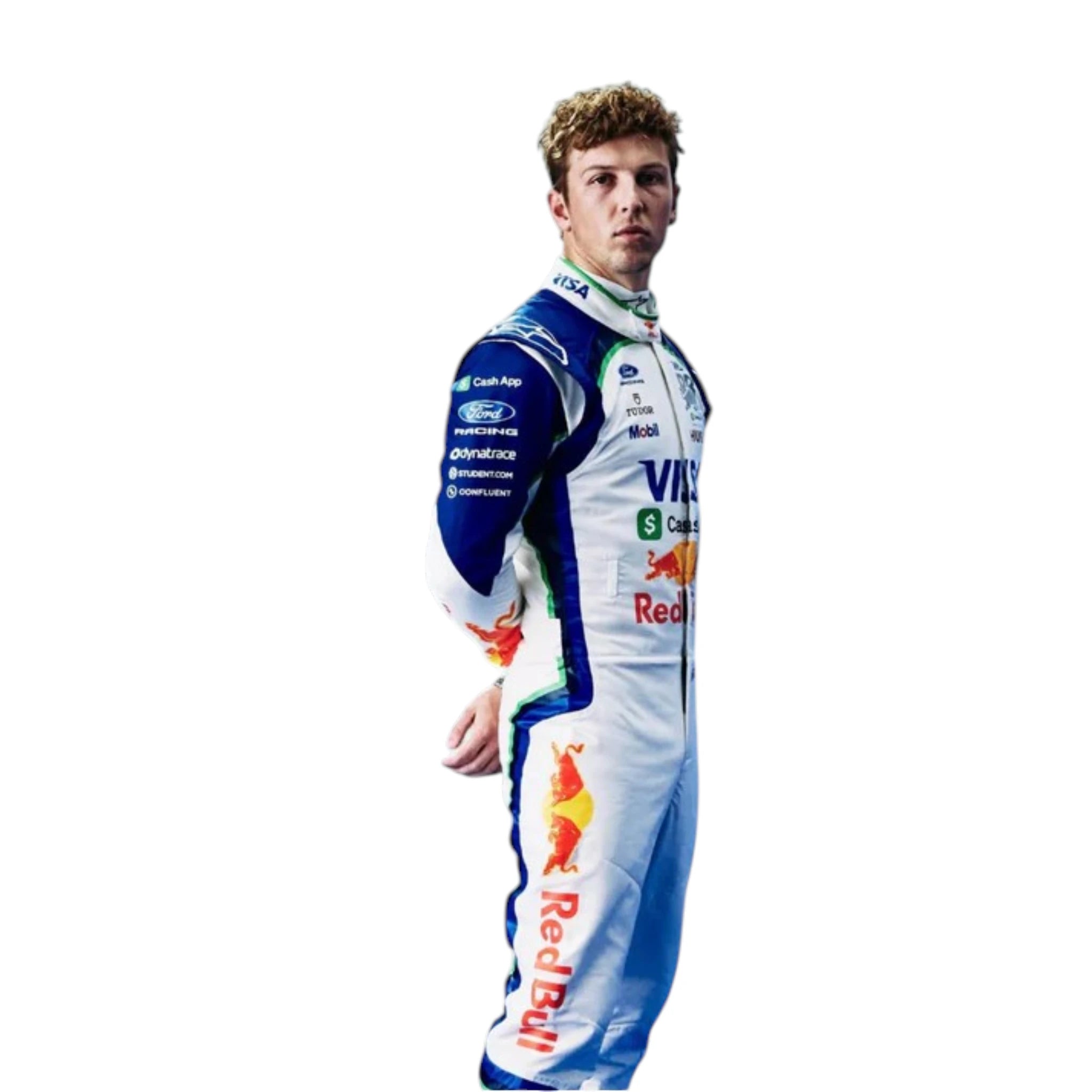 Liam Lawson 2026 Racing Bulls F1 race suit in white and navy blue with sponsor logos