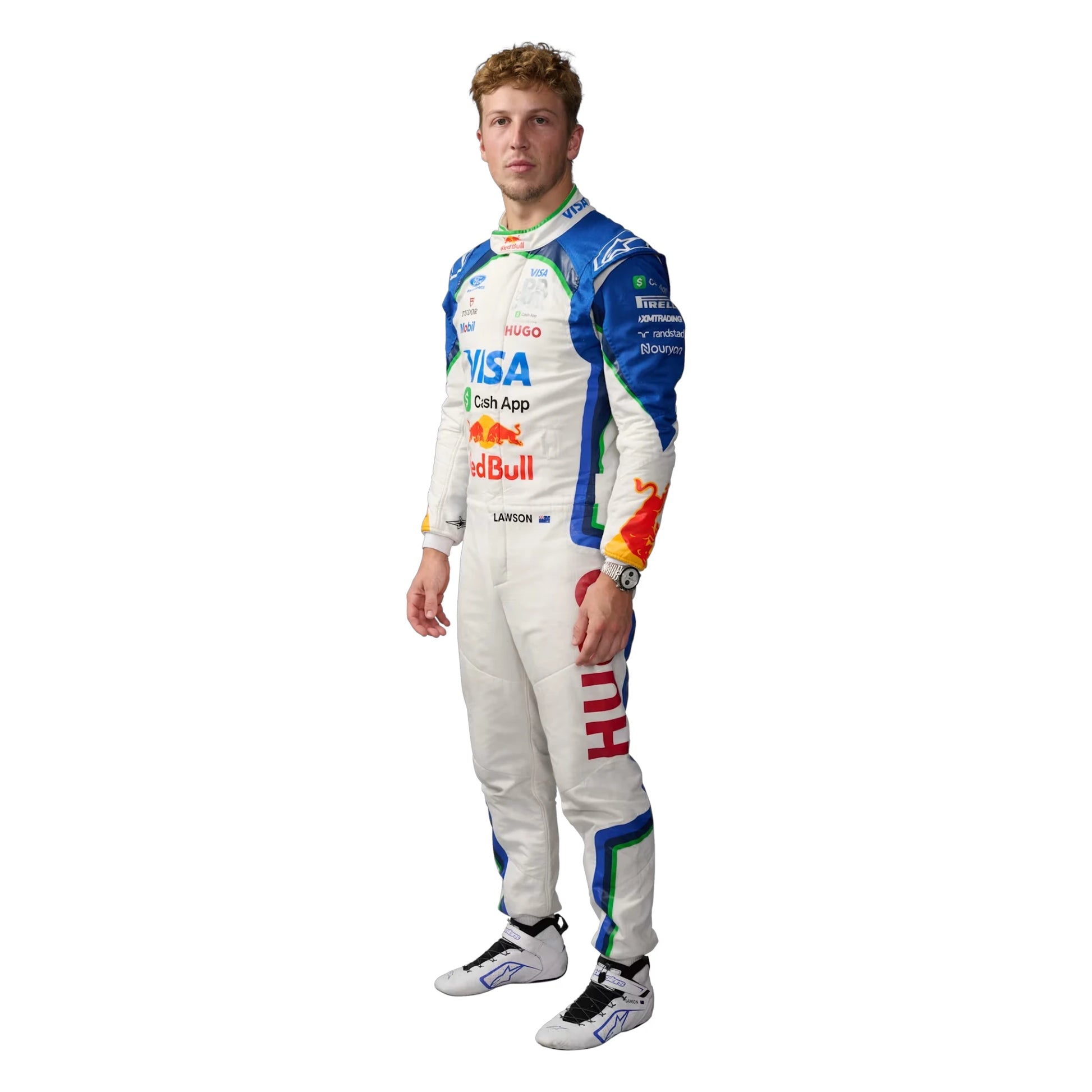 Liam Lawson 2026 Racing Bulls F1 race suit in white and navy blue with sponsor logos