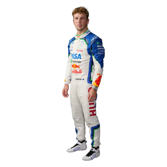 Liam Lawson 2026 Racing Bulls F1 race suit in white and navy blue with sponsor logos