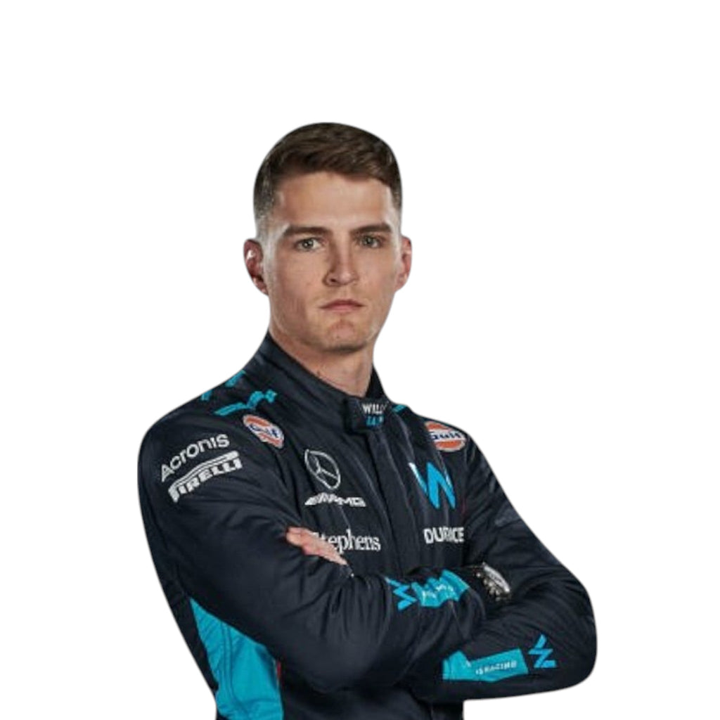 Logan Sargeant 2023 Williams F1 race suit in blue with black and light blue accents and sponsor branding