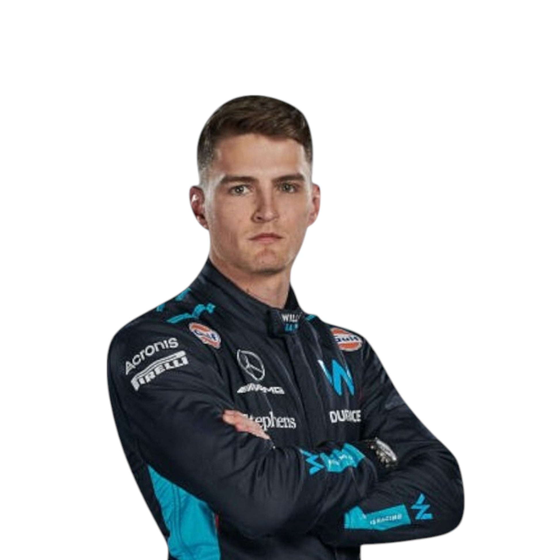 Logan Sargeant 2023 Williams F1 race suit in blue with black and light blue accents and sponsor branding