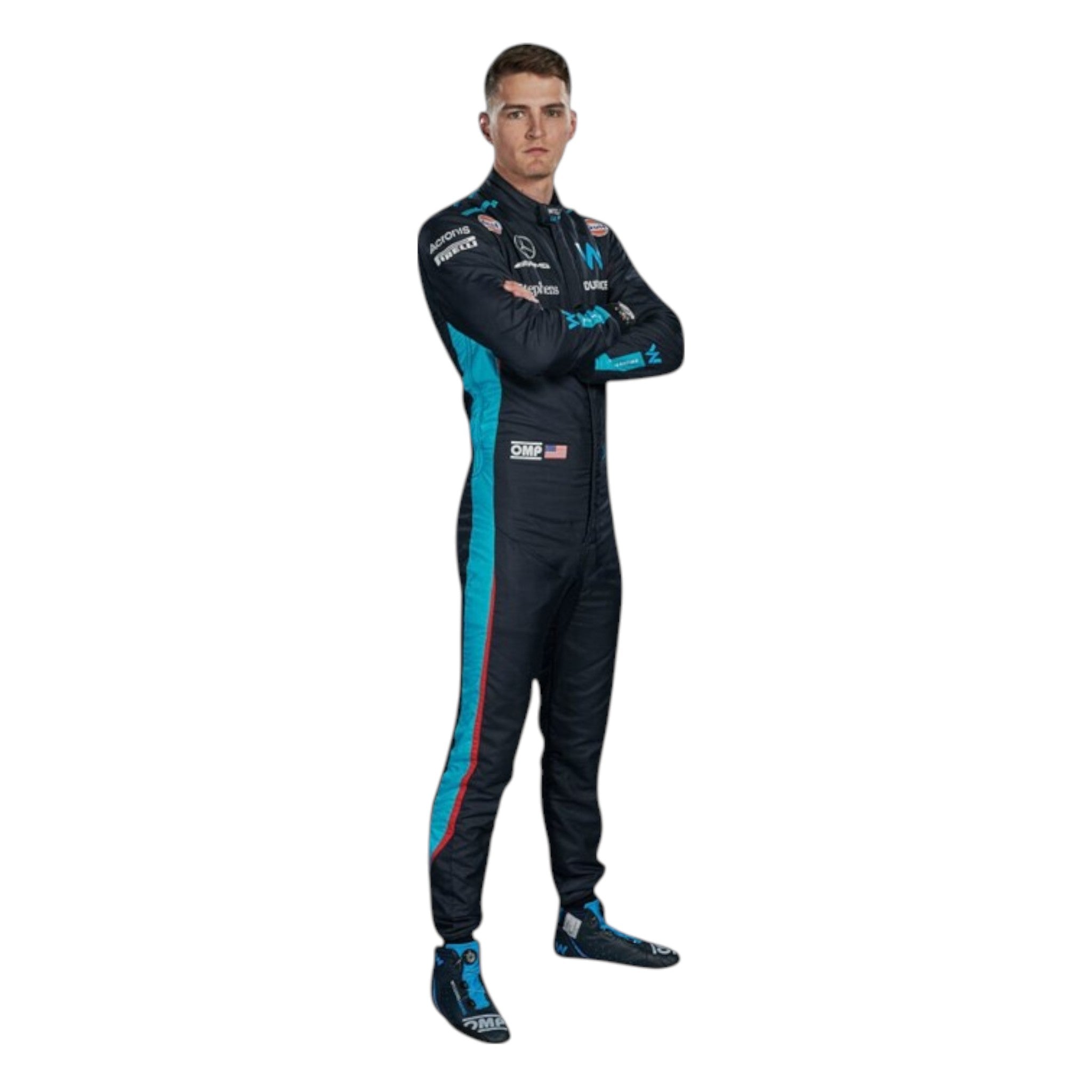 Logan Sargeant 2023 Williams F1 race suit in blue with black and light blue accents and sponsor branding