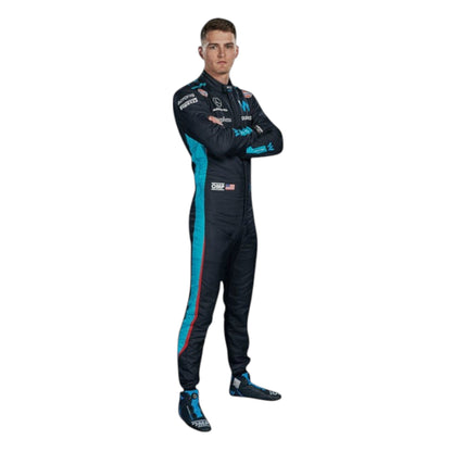 Logan Sargeant 2023 Williams F1 race suit in blue with black and light blue accents and sponsor branding