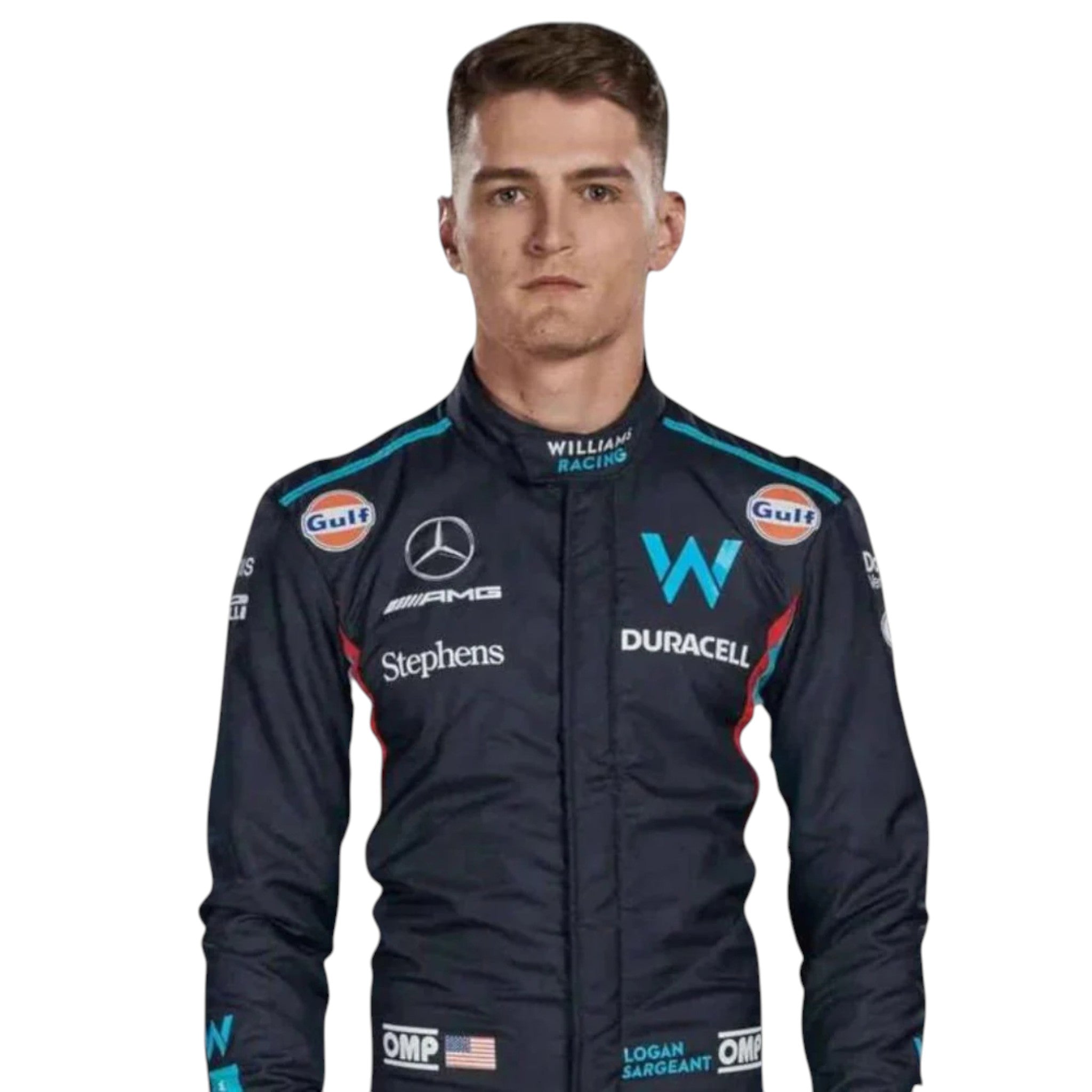 Logan Sargeant 2023 Williams F1 race suit in blue with black and light blue accents and sponsor branding