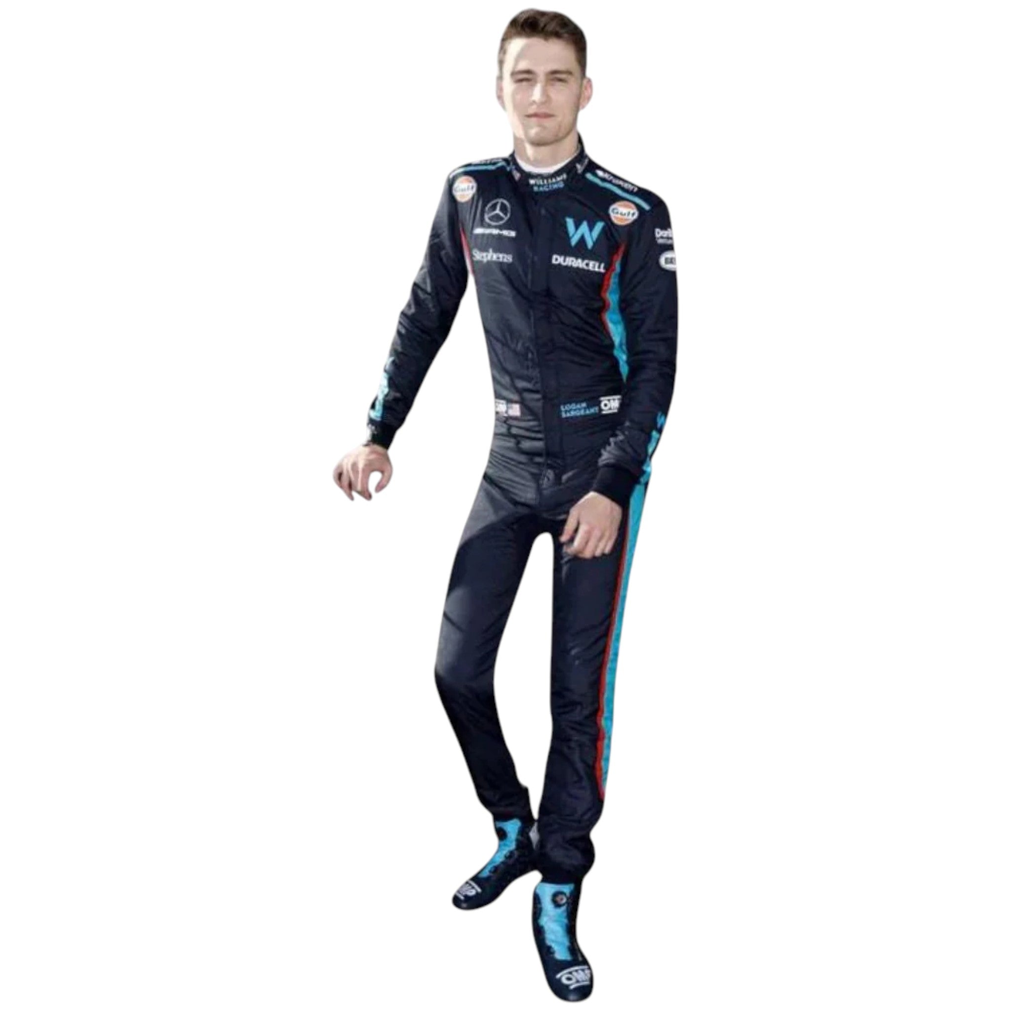 Logan Sargeant 2023 Williams F1 race suit in blue with black and light blue accents and sponsor branding