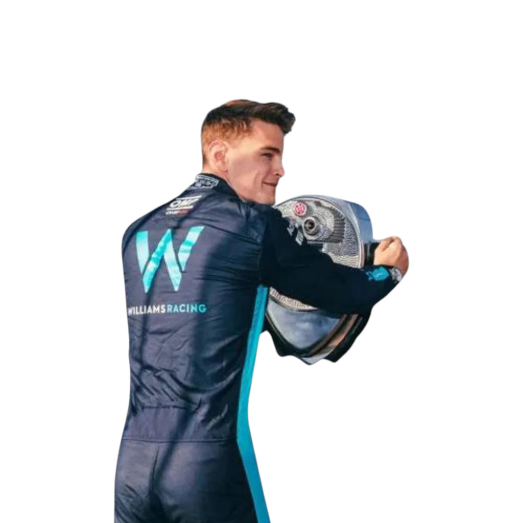 Logan Sargeant 2023 Williams F1 race suit in blue with black and light blue accents and sponsor branding