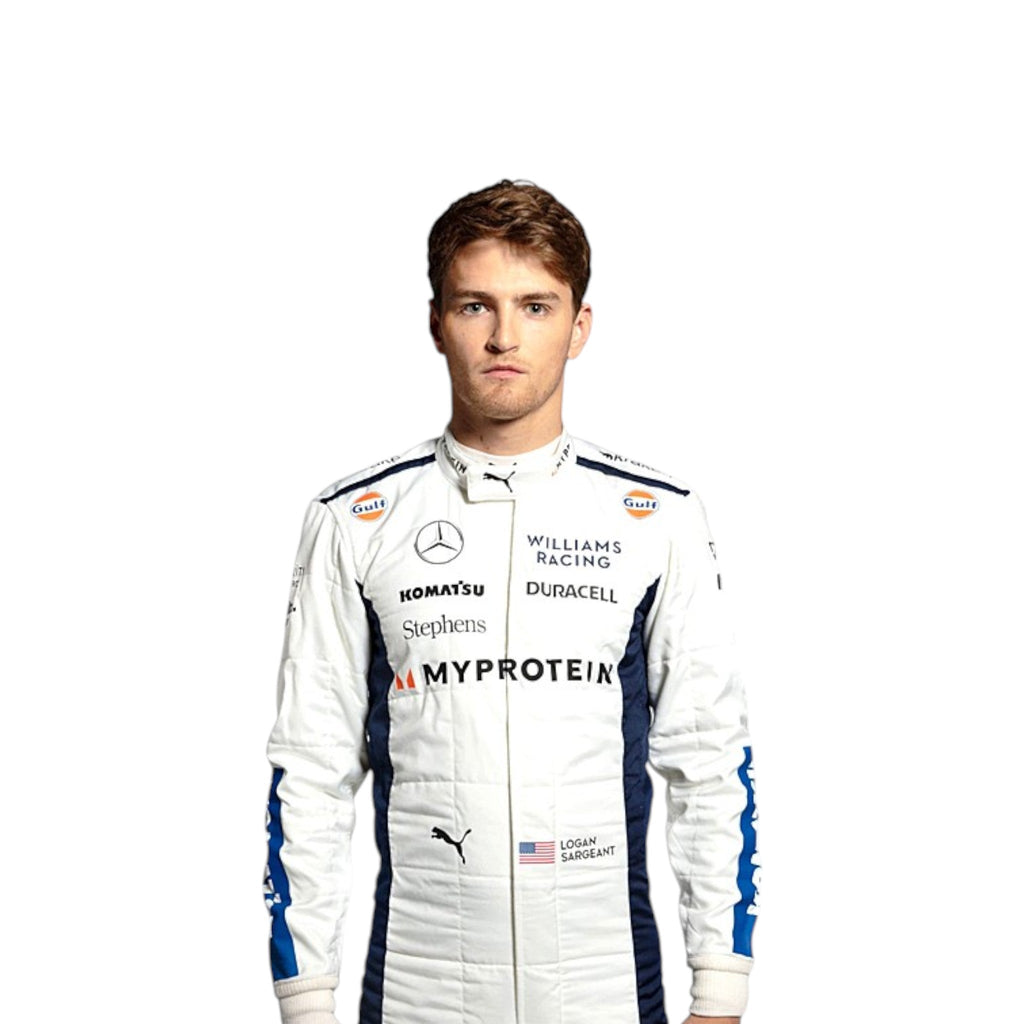 White 2024 Williams Formula 1 race suit with navy blue side panels and blue sleeve sponsor accents
