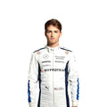 White 2024 Williams Formula 1 race suit with navy blue side panels and blue sleeve sponsor accents