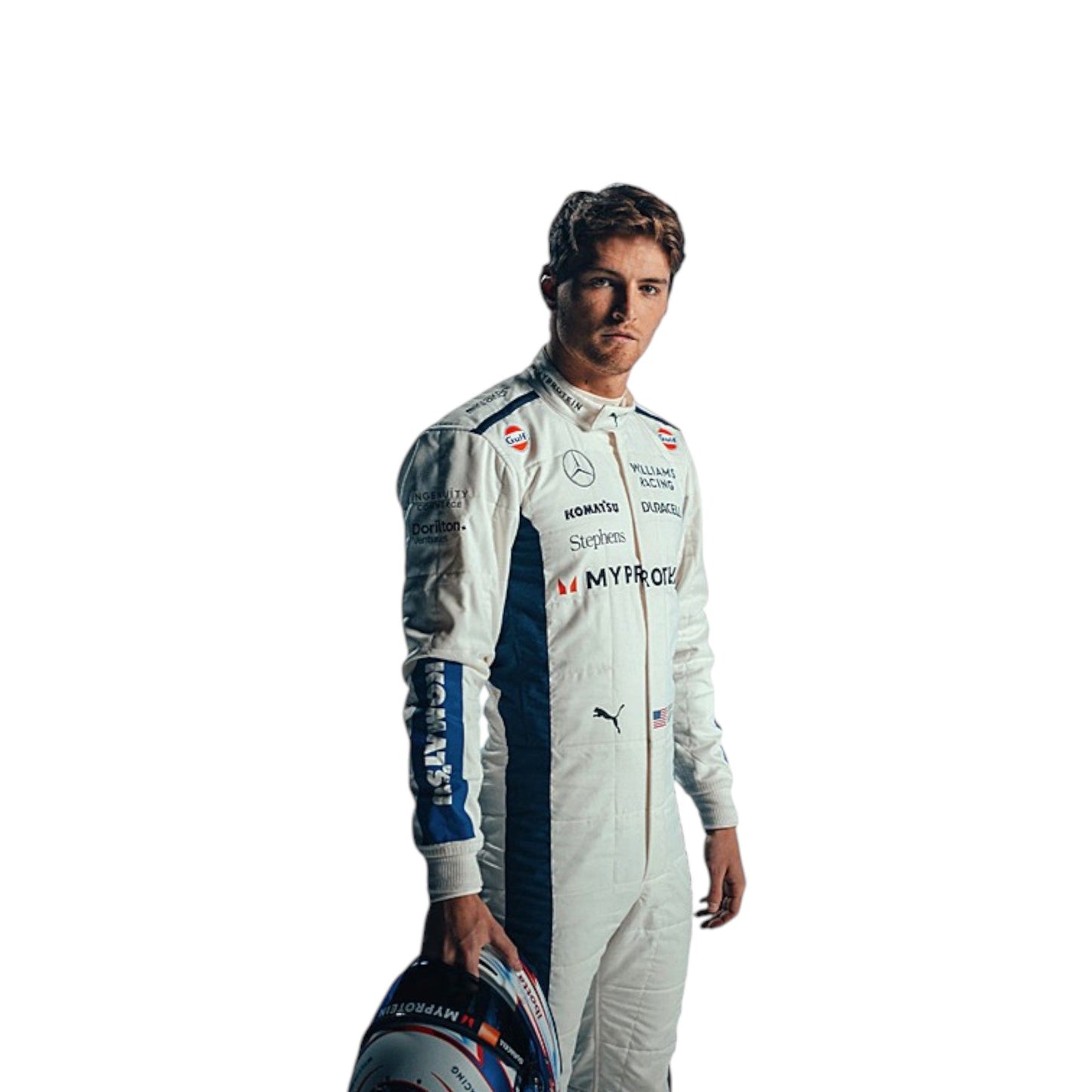 White 2024 Williams Formula 1 race suit with navy blue side panels and blue sleeve sponsor accents