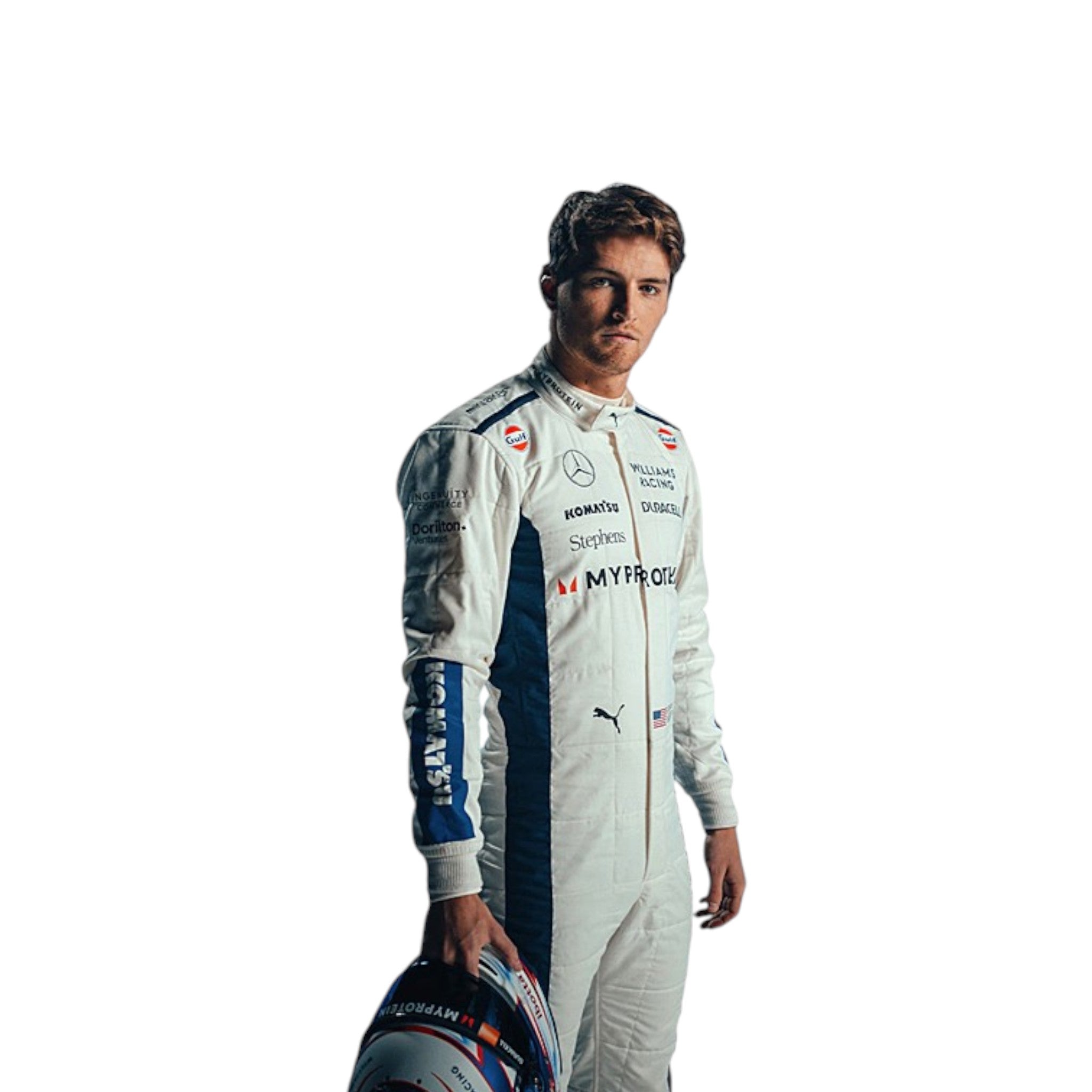 White 2024 Williams Formula 1 race suit with navy blue side panels and blue sleeve sponsor accents
