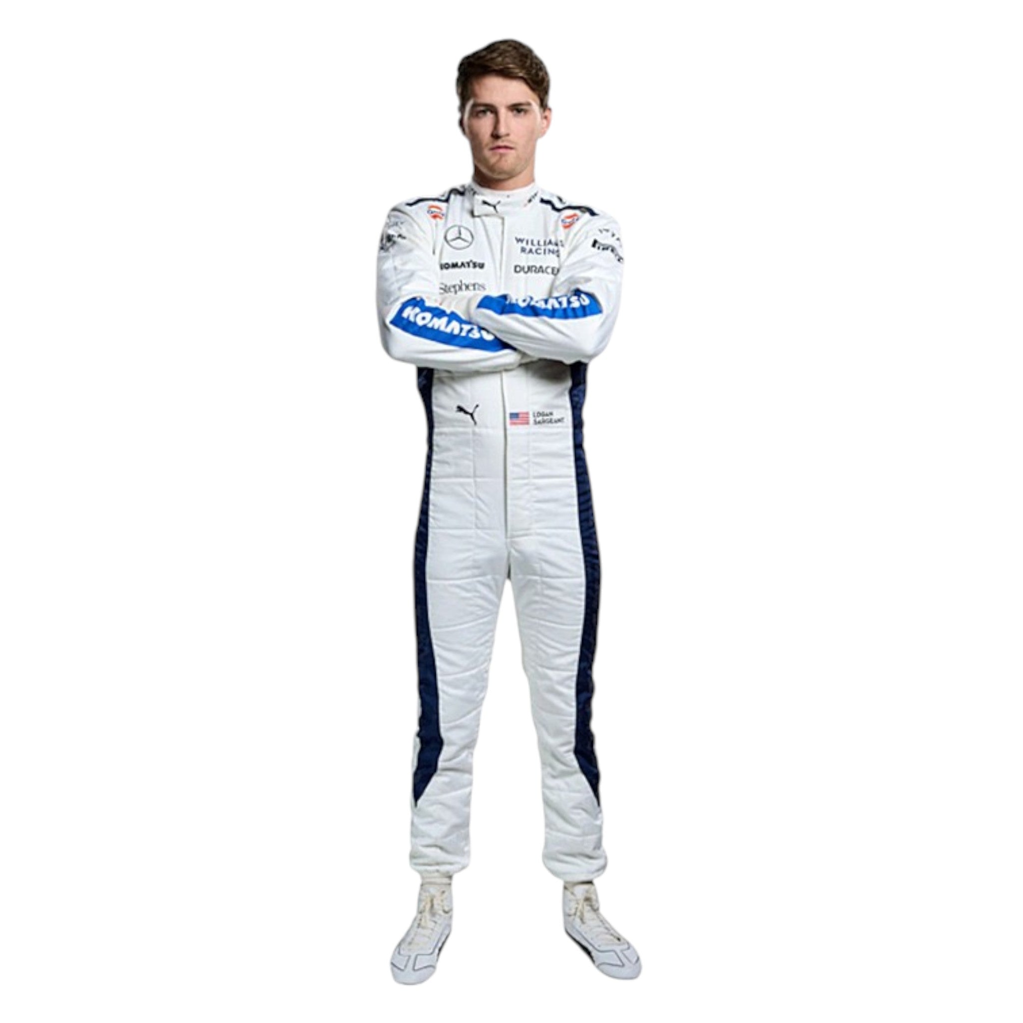 White 2024 Williams Formula 1 race suit with navy blue side panels and blue sleeve sponsor accents