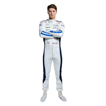 White 2024 Williams Formula 1 race suit with navy blue side panels and blue sleeve sponsor accents