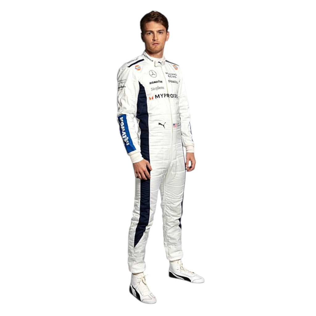 White 2024 Williams Formula 1 race suit with navy blue side panels and blue sleeve sponsor accents