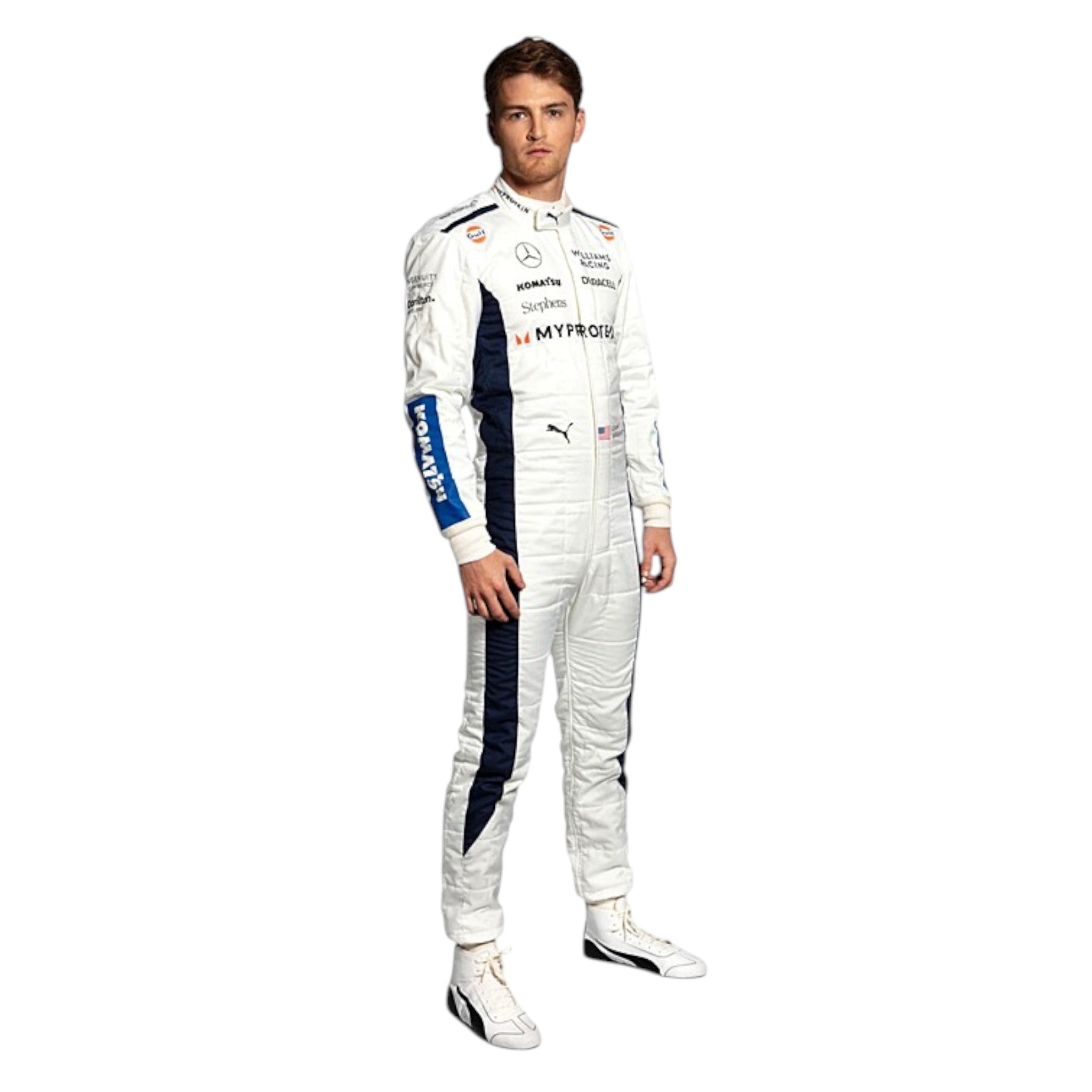 White 2024 Williams Formula 1 race suit with navy blue side panels and blue sleeve sponsor accents