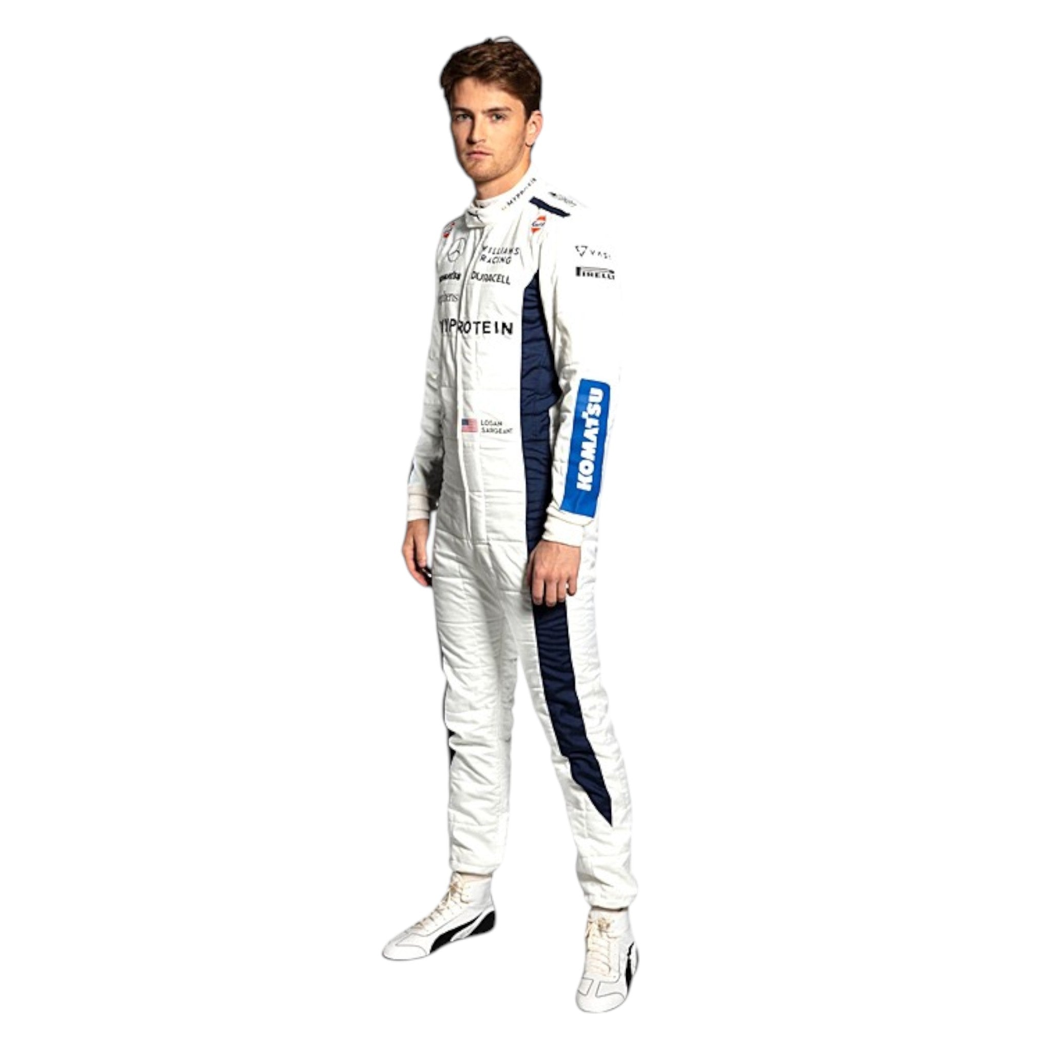 White 2024 Williams Formula 1 race suit with navy blue side panels and blue sleeve sponsor accents