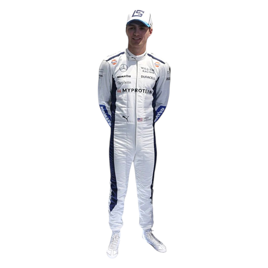 White 2024 Williams Formula 1 race suit with navy blue side panels and blue sleeve sponsor accents