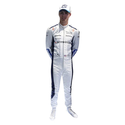 White 2024 Williams Formula 1 race suit with navy blue side panels and blue sleeve sponsor accents