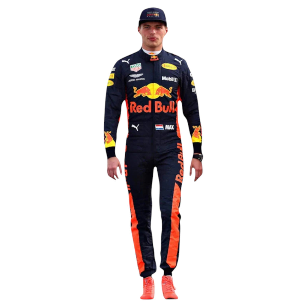 Max Verstappen 2017 Red Bull F1 race suit in dark navy with Red Bull branding and sponsor logos