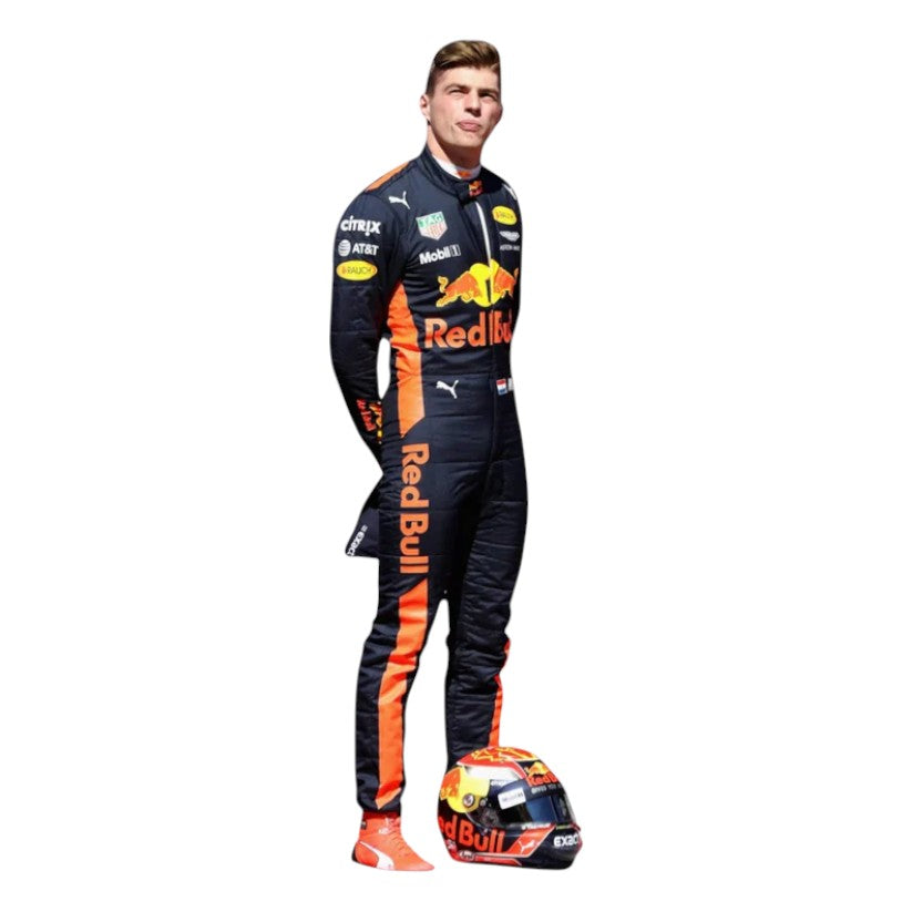 Max Verstappen 2017 Red Bull F1 race suit in dark navy with Red Bull branding and sponsor logos