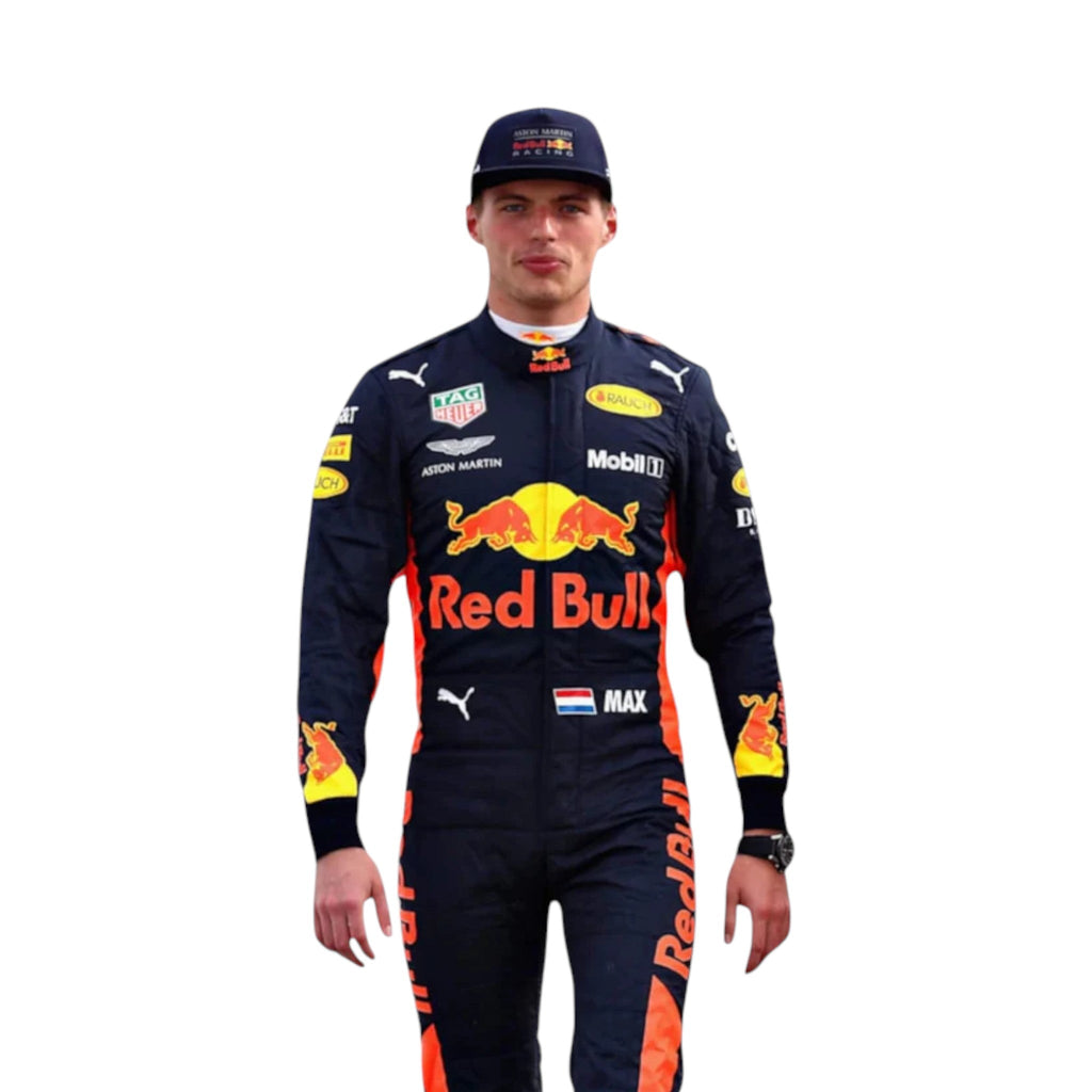 Max Verstappen 2017 Red Bull F1 race suit in dark navy with Red Bull branding and sponsor logos