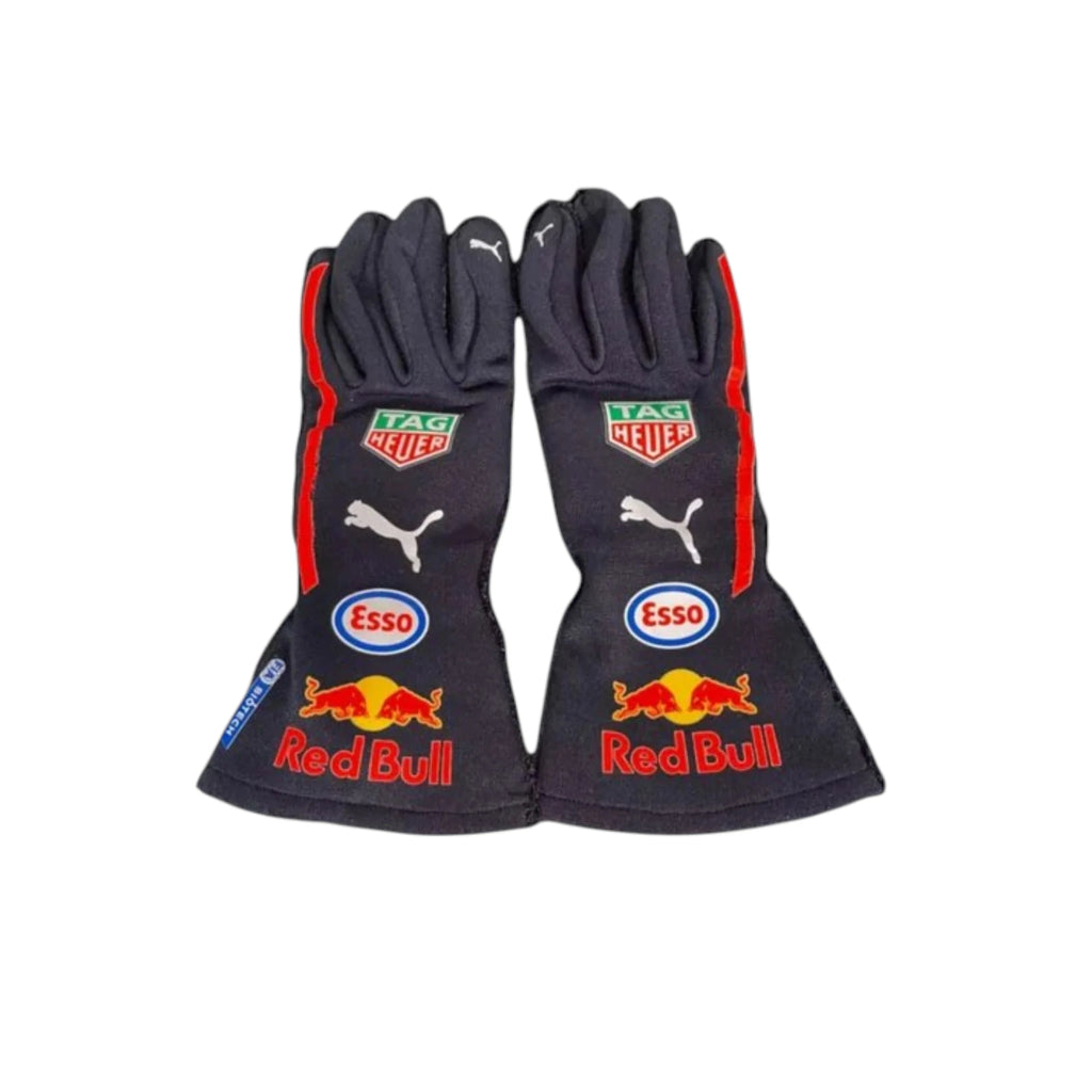 Max Verstappen 2017 Red Bull F1 racing gloves with Red Bull Racing branding and sponsor logos