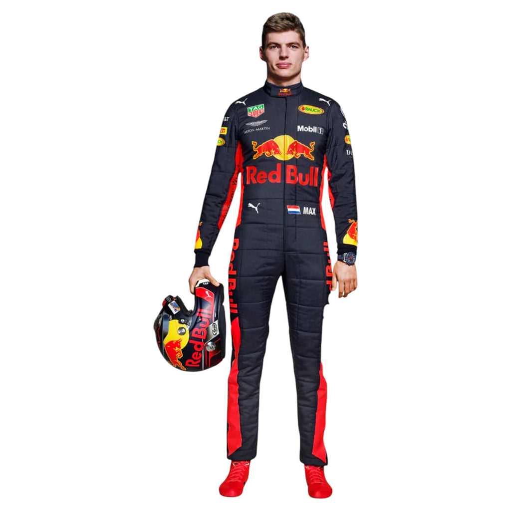 Max Verstappen 2018 Red Bull F1 race suit in dark navy with red side panels, Red Bull branding, and sponsor logos