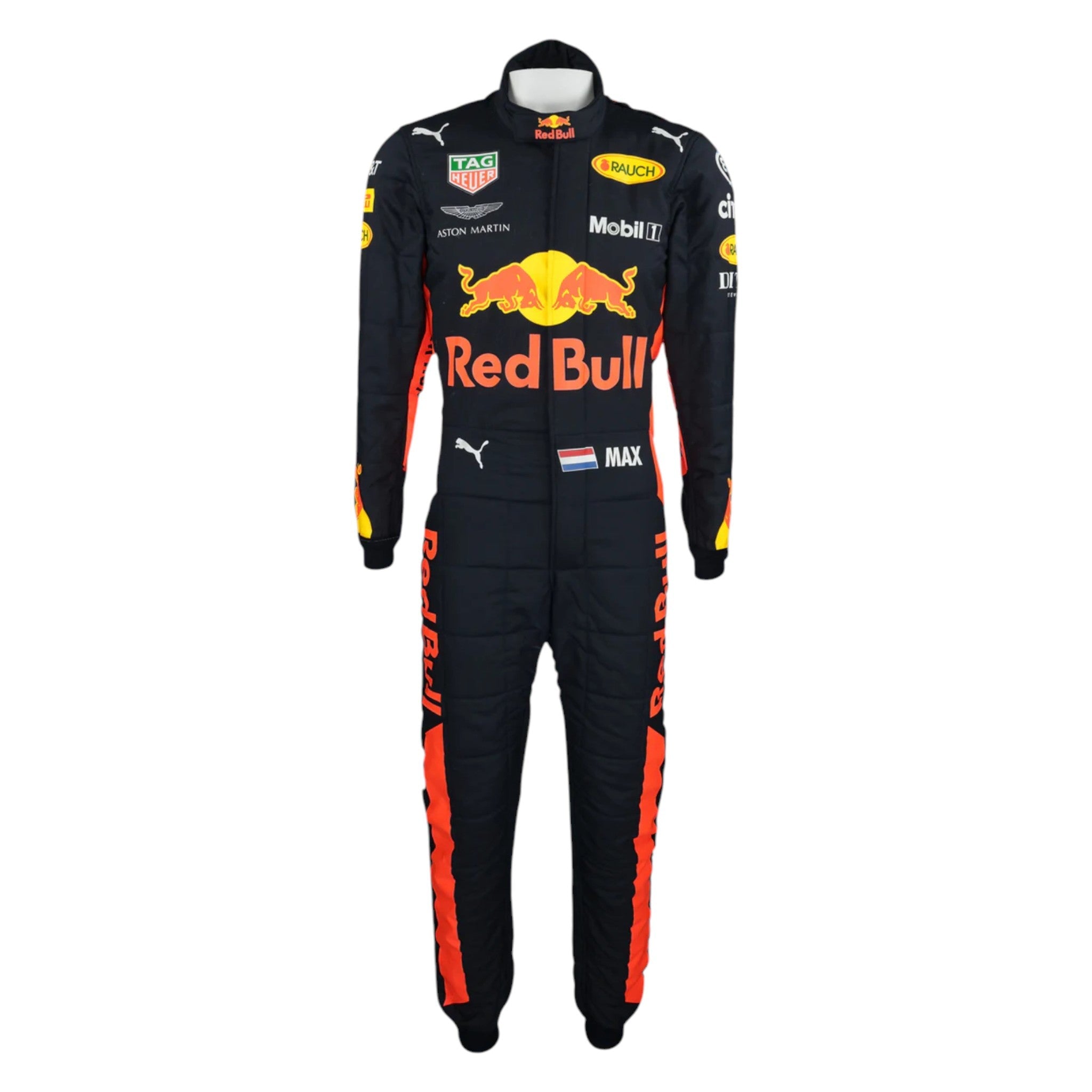 Max Verstappen 2018 Red Bull F1 race suit in dark navy with red side panels, Red Bull branding, and sponsor logos