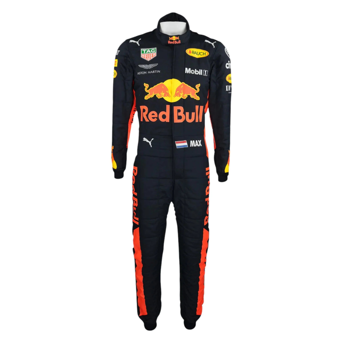 Max Verstappen 2018 Red Bull F1 race suit in dark navy with red side panels, Red Bull branding, and sponsor logos