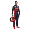 Max Verstappen 2018 Red Bull F1 race suit in dark navy with red side panels, Red Bull branding, and sponsor logos

