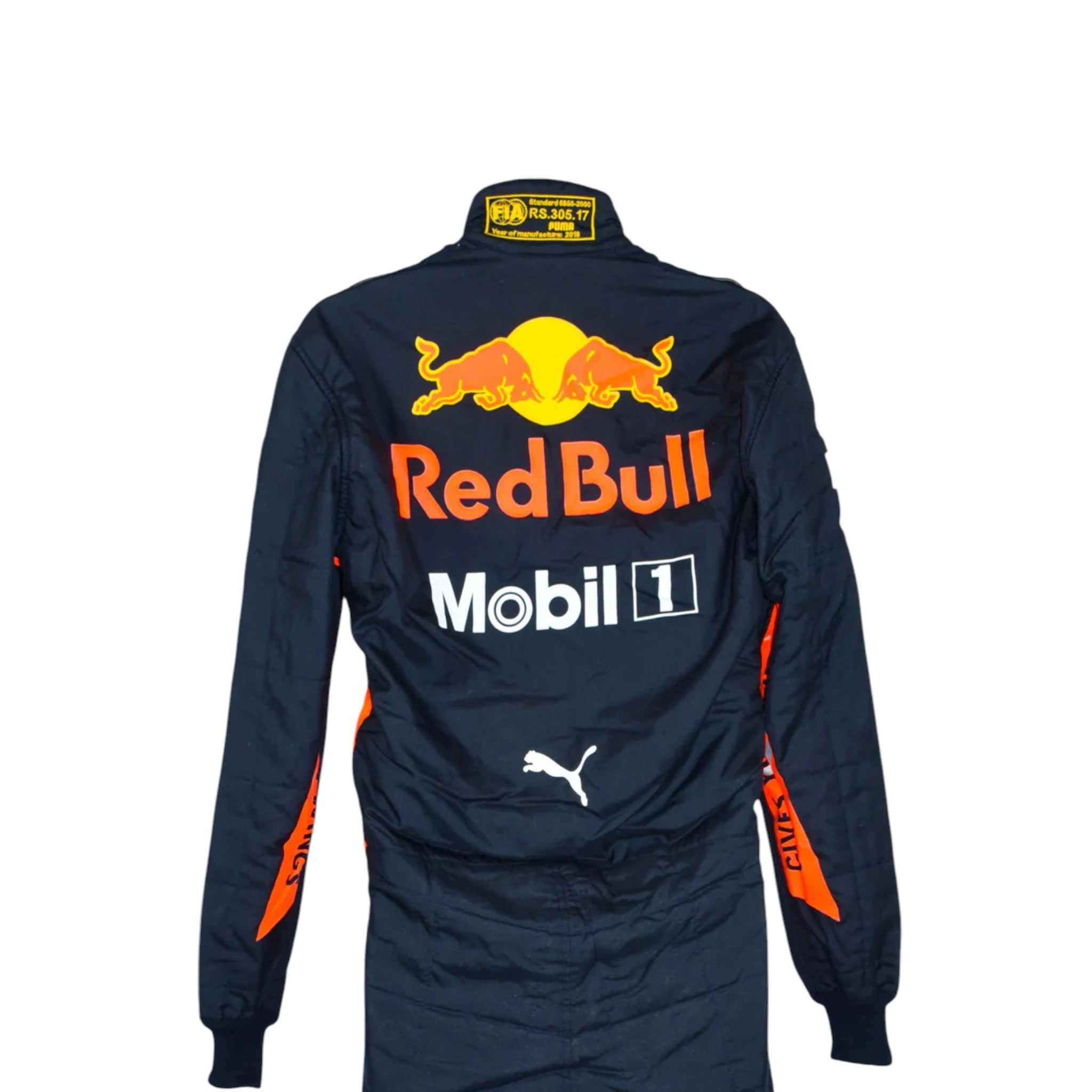Max Verstappen 2018 Red Bull F1 race suit in dark navy with red side panels, Red Bull branding, and sponsor logos