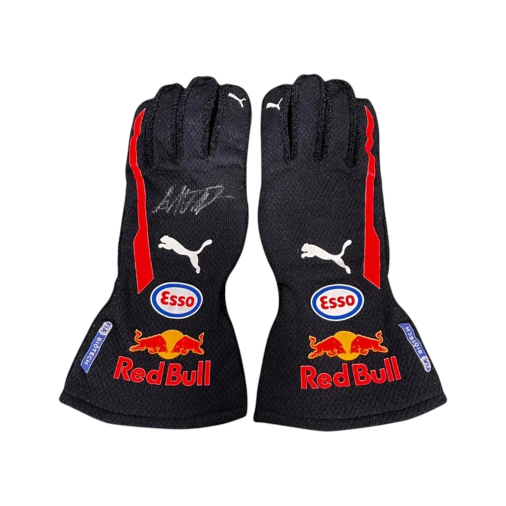 Max Verstappen 2018 Red Bull F1 racing gloves with Red Bull Racing branding and sponsor logos