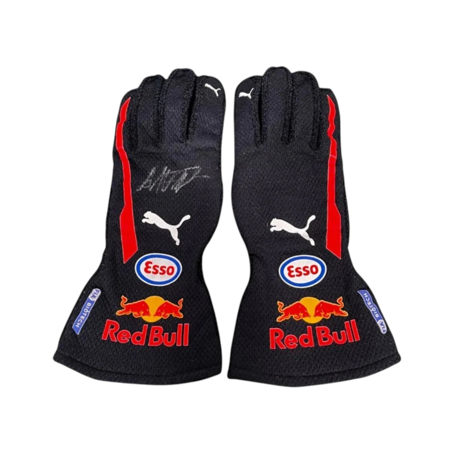 Max Verstappen 2018 Red Bull F1 racing gloves with Red Bull Racing branding and sponsor logos