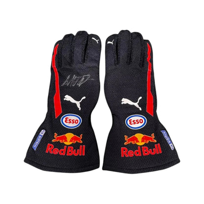 Max Verstappen 2018 Red Bull F1 racing gloves with Red Bull Racing branding and sponsor logos