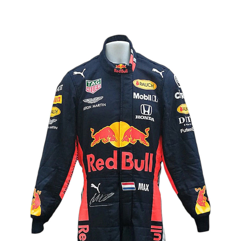 Max Verstappen 2019 Red Bull F1 race suit in navy blue with Red Bull and sponsor branding