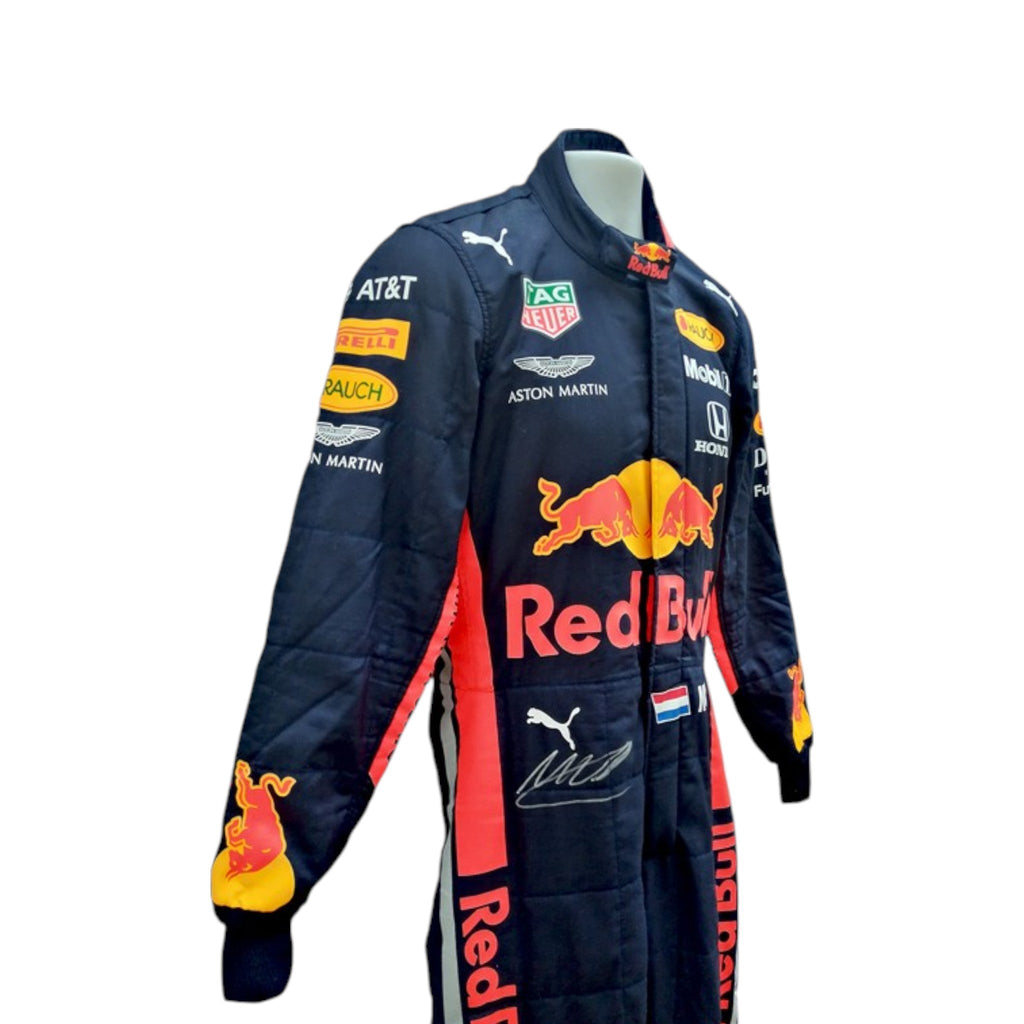 Max Verstappen 2019 Red Bull F1 race suit in navy blue with Red Bull and sponsor branding
