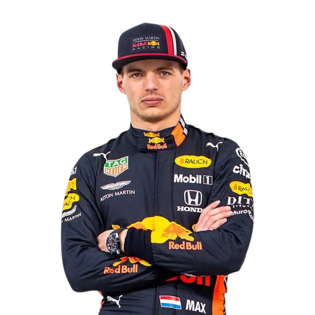 Max Verstappen 2019 Red Bull F1 race suit in navy blue with Red Bull racing sponsor branding