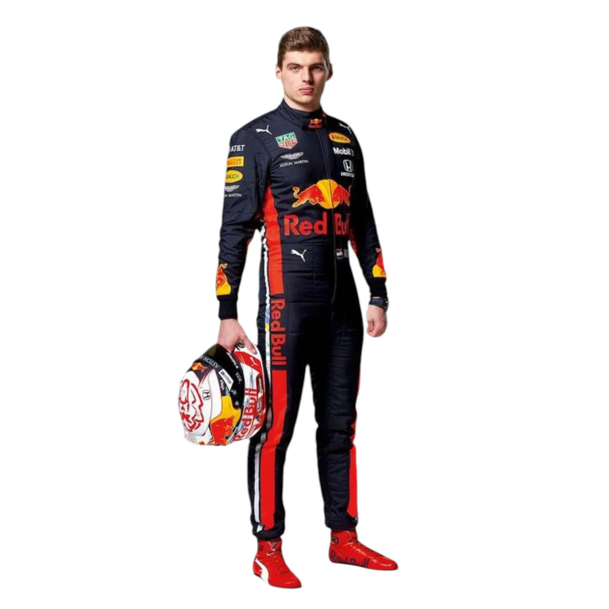 Max Verstappen 2019 Red Bull F1 race suit in navy blue with Red Bull racing sponsor branding