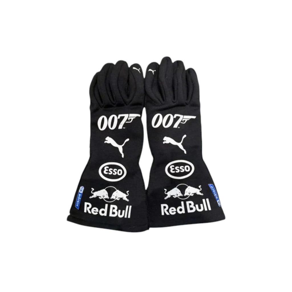 Max Verstappen 2019 Red Bull F1 racing gloves in black with Red Bull, Puma, Esso, and 007 branding