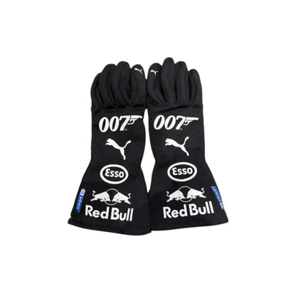 Max Verstappen 2019 Red Bull F1 racing gloves in black with Red Bull, Puma, Esso, and 007 branding