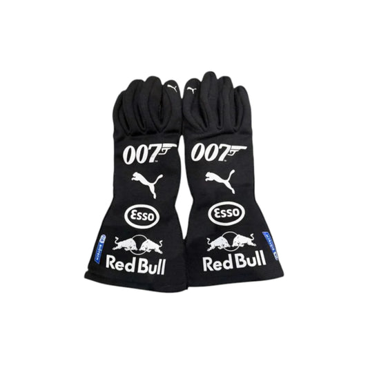 Max Verstappen 2019 Red Bull F1 racing gloves in black with Red Bull, Puma, Esso, and 007 branding