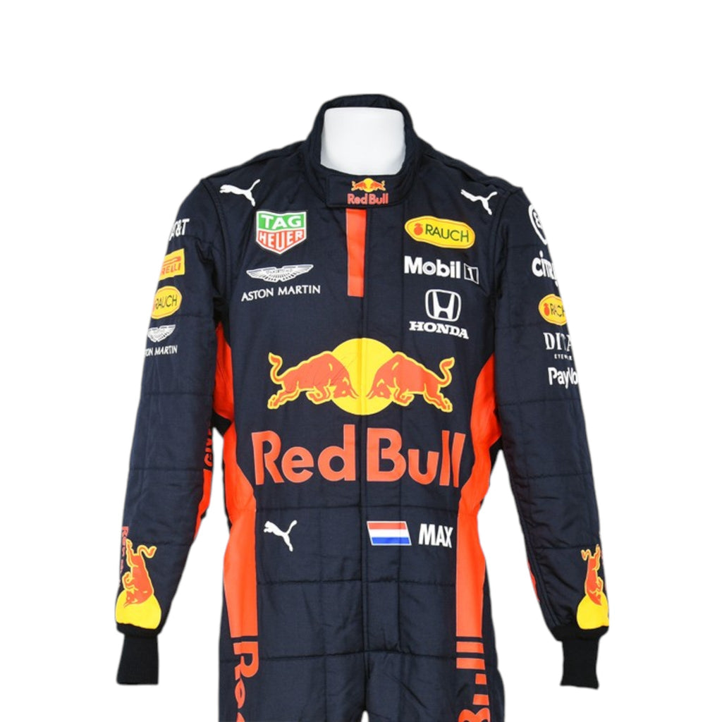 Max Verstappen 2020 Red Bull F1 race suit in navy blue with Red Bull and sponsor branding