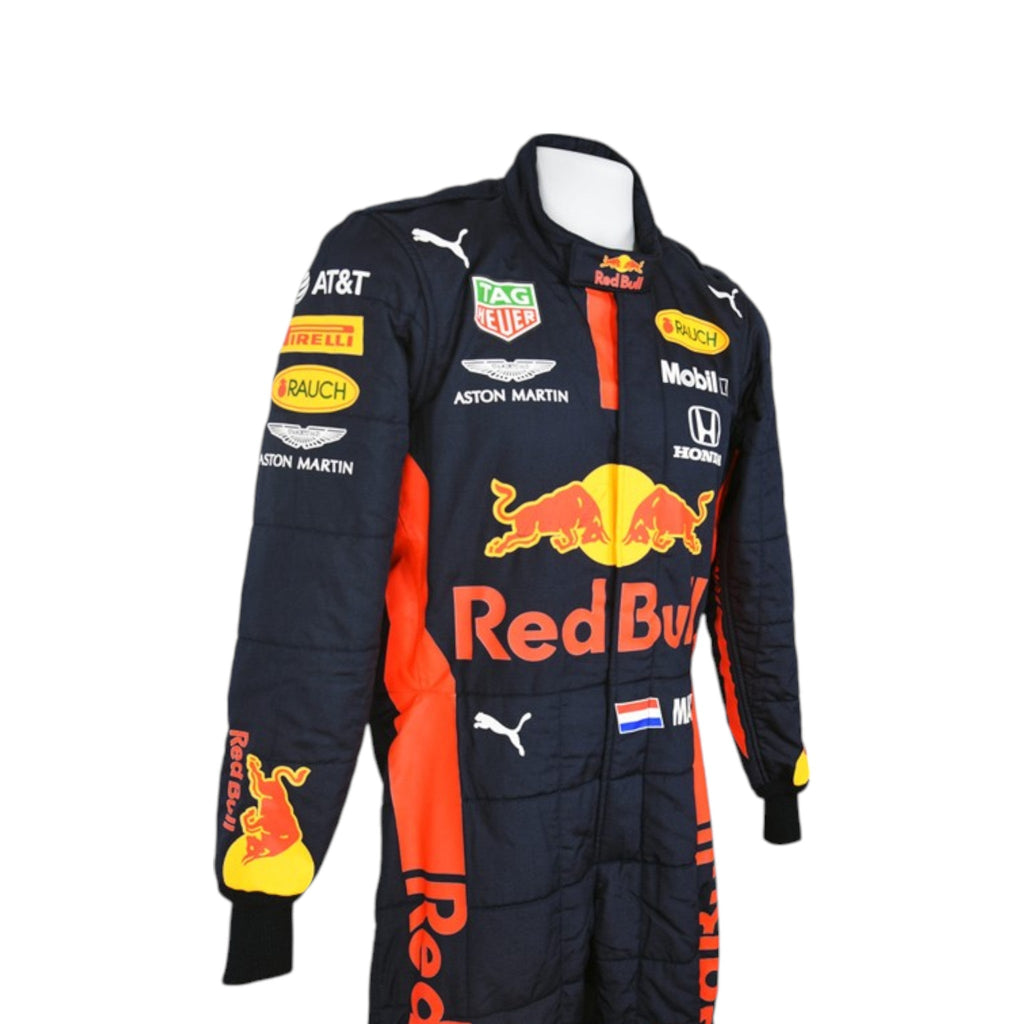 Max Verstappen 2020 Red Bull F1 race suit in navy blue with Red Bull and sponsor branding