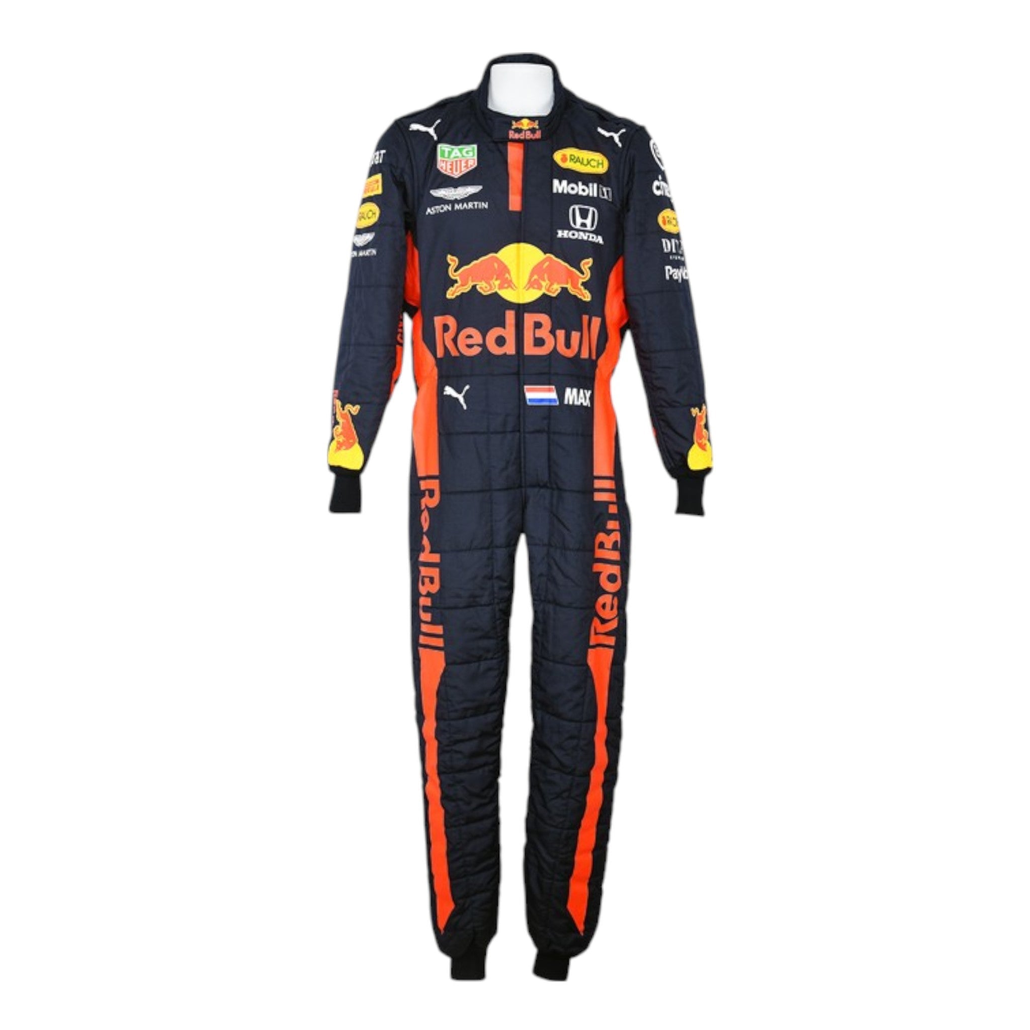 Max Verstappen 2020 Red Bull F1 race suit in navy blue with Red Bull and sponsor branding