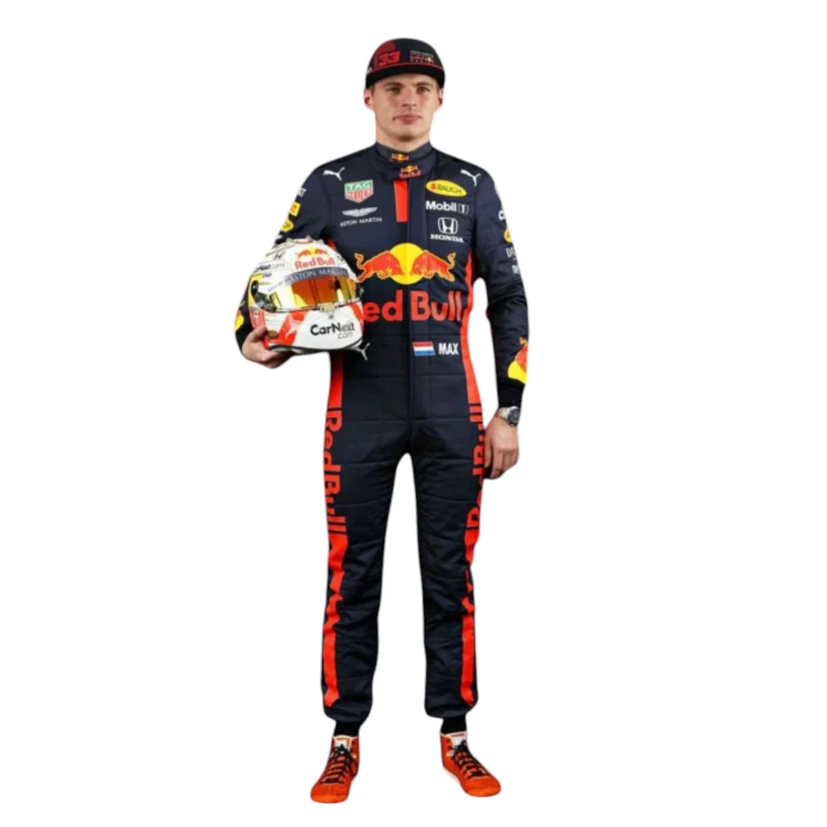 Max Verstappen 2020 Red Bull F1 race suit in navy blue with Red Bull racing sponsor branding