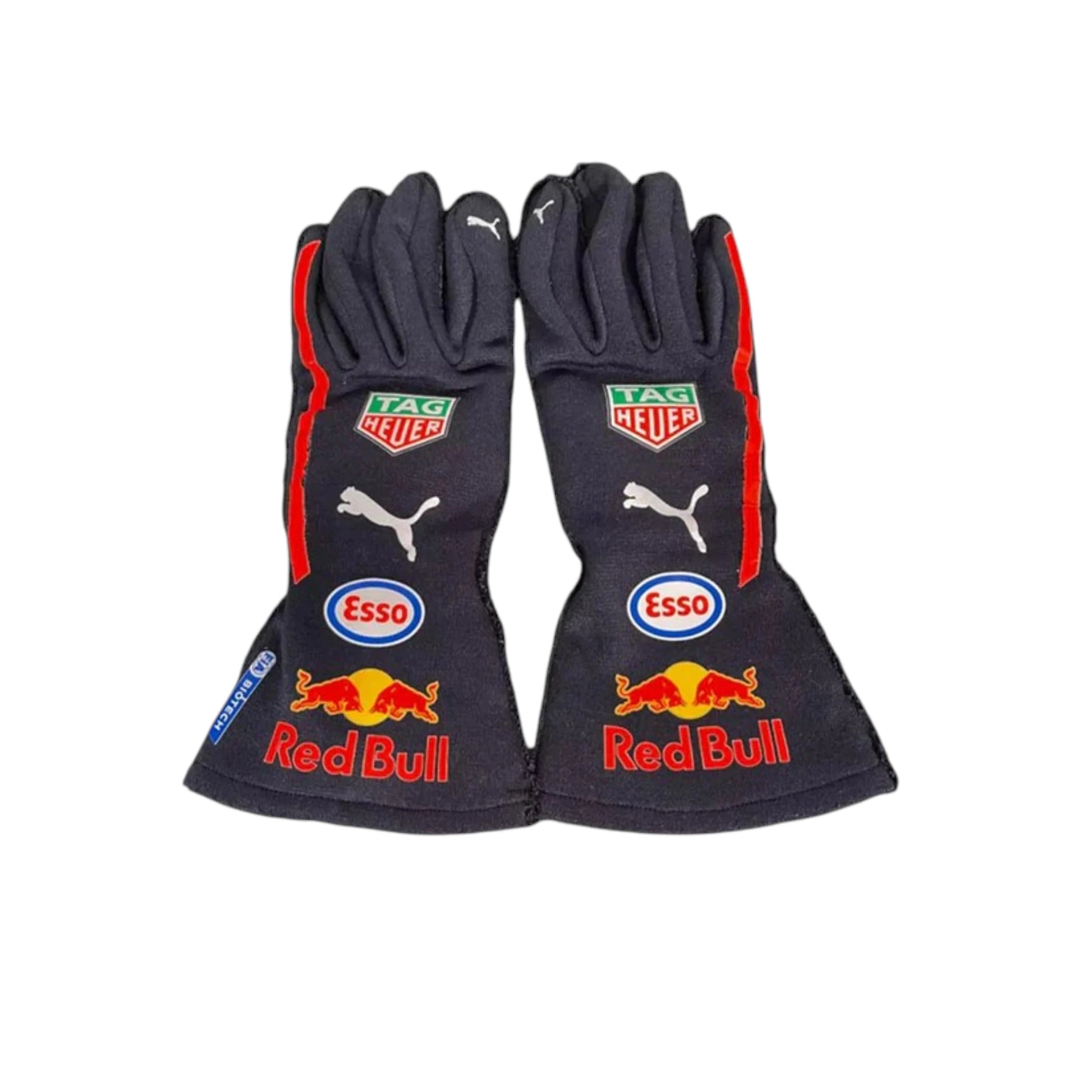 Max Verstappen 2020 Red Bull F1 racing gloves in dark navy with Aston Martin Red Bull Racing branding and sponsor logos