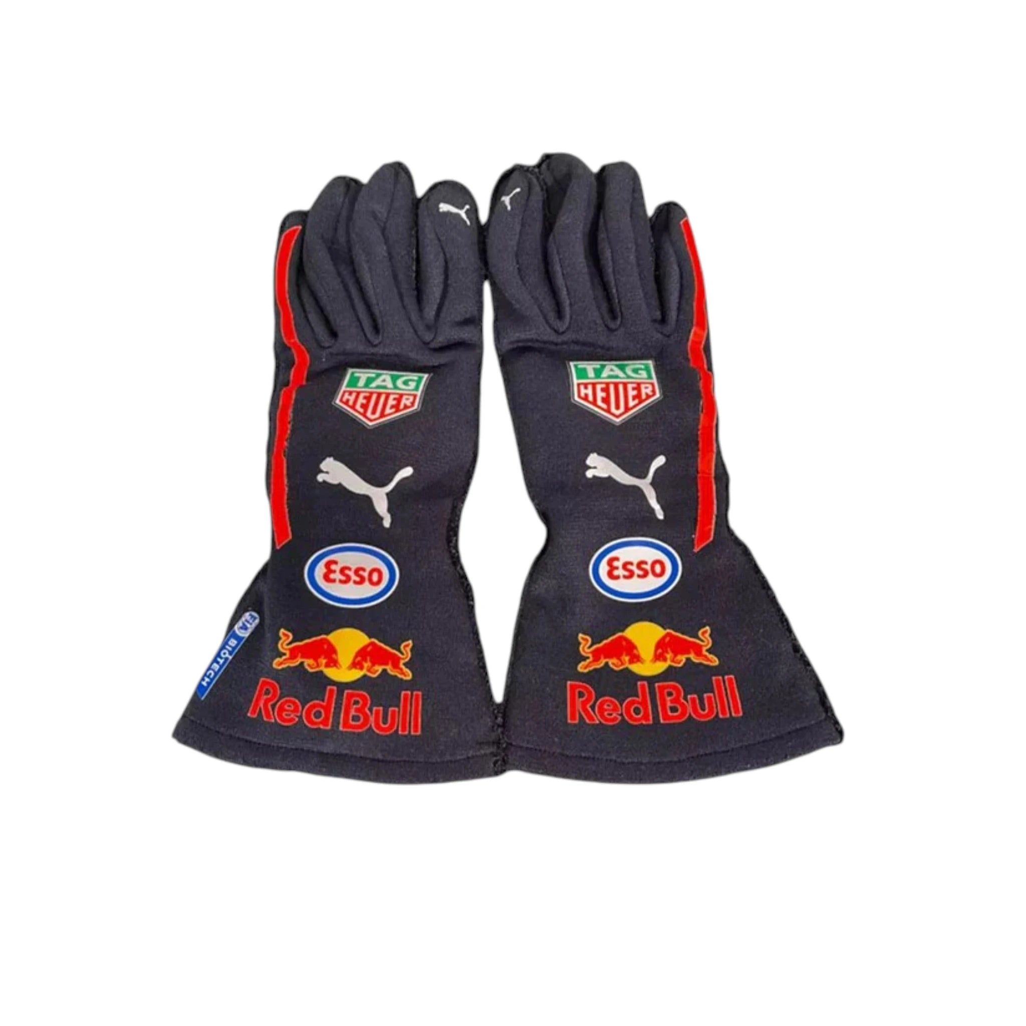 Max Verstappen 2020 Red Bull F1 racing gloves in dark navy with Aston Martin Red Bull Racing branding and sponsor logos
