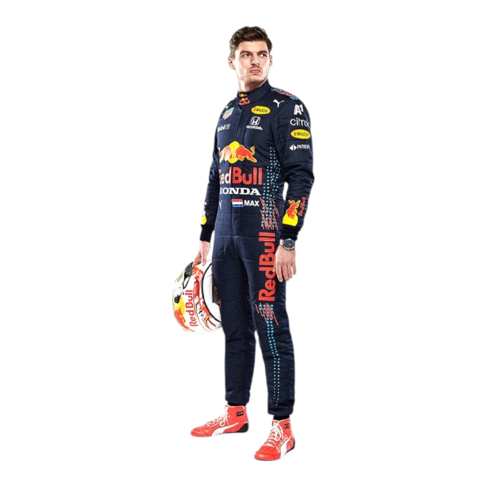 Max Verstappen 2021 Red Bull F1 race suit in navy blue with Red Bull and sponsor branding